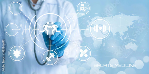 Slika na platnu Sports health and global connectivity with a blurred world map in the background