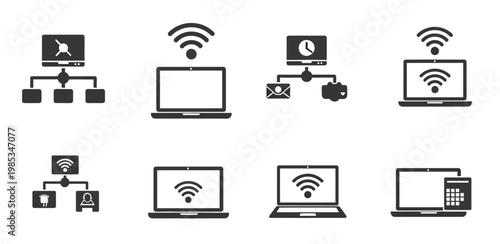 IT and network technology icon set featuring laptop with wireless wifi signal and digital connectivity diagrams