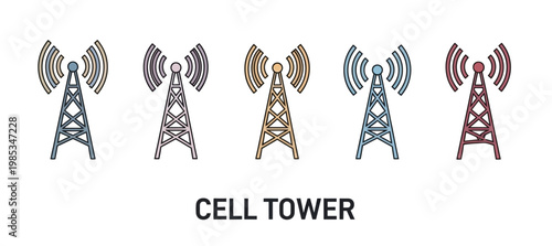 Cell tower icons set representing telecommunication network and wireless radio signal broadcasting technology
