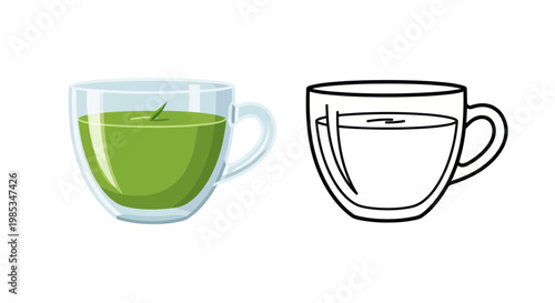 Green Tea in a Glass Cup: Colored and Outline Versions