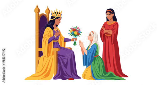 Queen receives flowers from kneeling woman, attendant watches