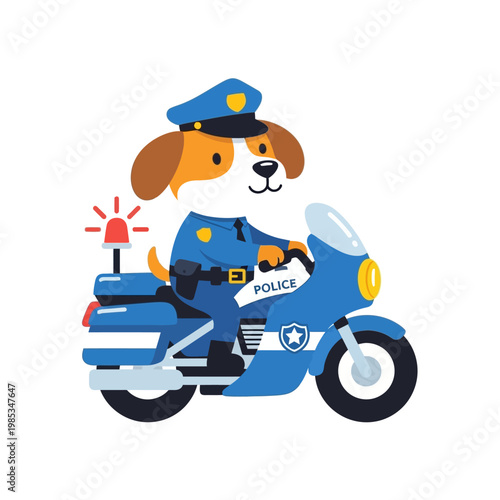 Friendly cartoon police dog officer riding a motorcycle with siren and flashing lights, ready for duty