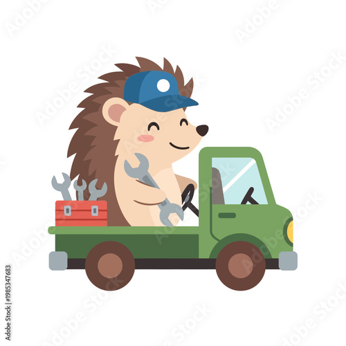 Adorable cartoon hedgehog character with a blue cap and tools, cheerfully driving a green pickup truck, ready for professional repair and service work
