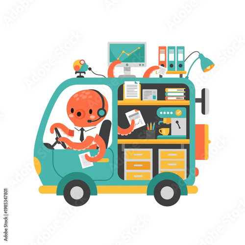 Octopus cartoon character driving a mobile office van filled with office supplies and equipment, illustrating remote work and productivity