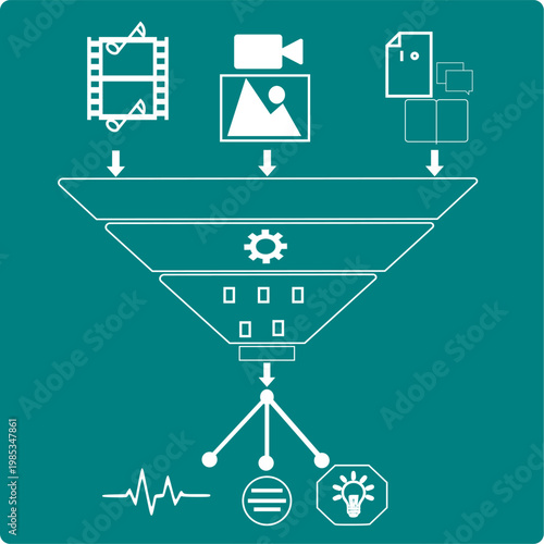 Feature extraction icon with multimodal data inputs and abstract output concepts