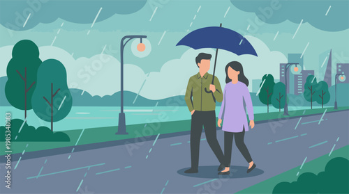 Couple walking with an umbrella in the rain next to a city park and buildings