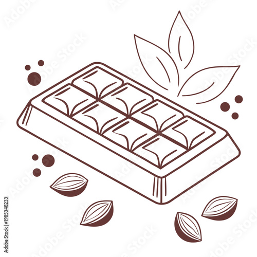 A minimalist vector illustration of a chocolate bar with leaves and cocoa beans on a white background