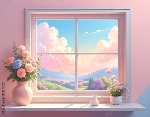 A scenic vista framed by a window, featuring a vibrant sky, rolling hills, and a vase of flowers on a white sill