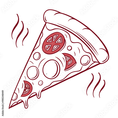 A vector graphic illustration of a hot slice of pizza with melted cheese and toppings