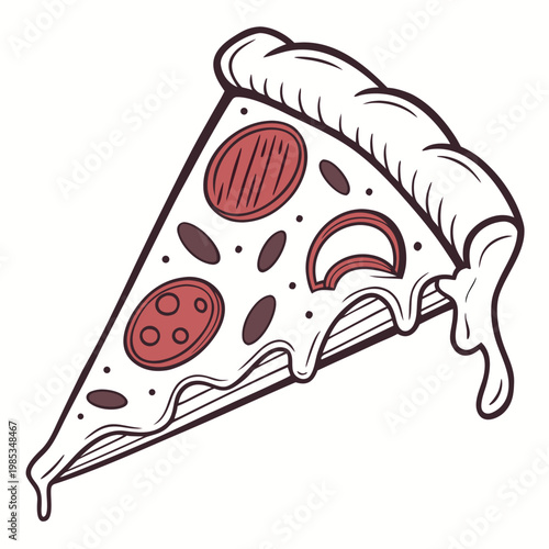 A vector graphic illustration of a slice of pepperoni pizza with melted cheese