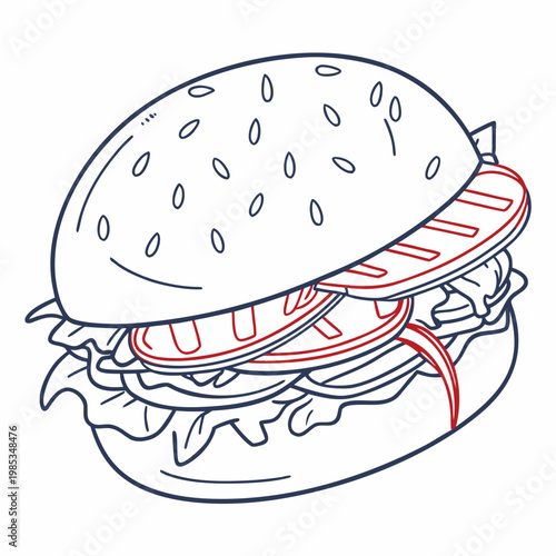 A vector graphic illustration of a hamburger with a sesame seed bun and lettuce
