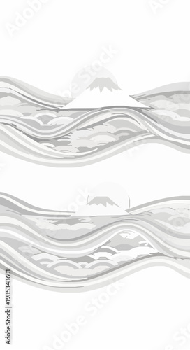 :
Decorative Japanese wave and mountain pattern background with geometric line art vector template
