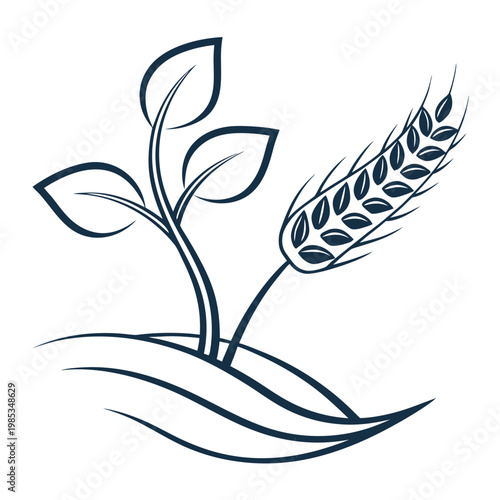 A minimalist vector graphic illustration of a plant growing in the ground with a wheat stalk