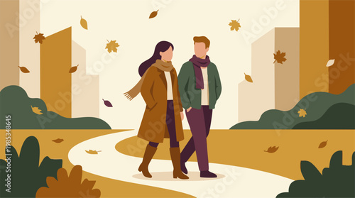 Minimalist illustration of a couple walking in an autumn park