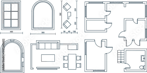 Architectural Floor Plan and Blueprint Icon Set with Windows, Doors, Furniture Layout, and Room Designs for Interior and Construction Projects