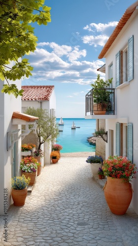 Charming Mediterranean Alleyway with Blue Sea, Sailboats, and Vibrant Flowers Under a Sunny Sky