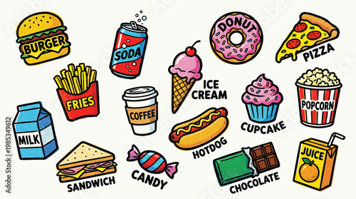 A vibrant collection of popular fast food and snack items, including a burger, fries, soda, ice cream, pizza, and more, presented in a playful, cartoonish style.