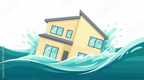 Illustration of a house partially submerged in flood waters during a disaster