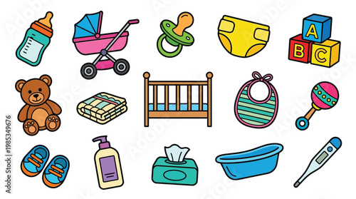 A collection of cute cartoon illustrations depicting essential baby care items and toys, perfect for design projects related to newborns and early childhood.