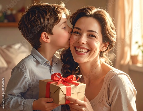 A tender moment between a young boy and a woman exchanging a gift