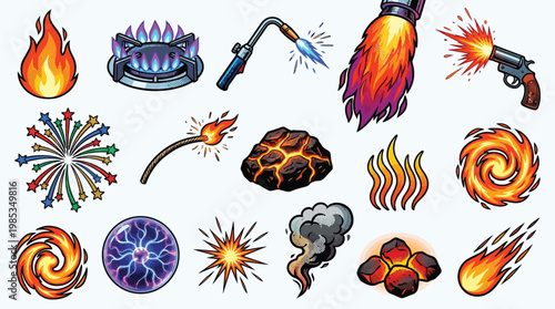 A vibrant collection of fiery and explosive graphic elements, including flames, fireworks, a gas stove, a welding torch, a rocket blast, a gunshot, lava, and a comet.