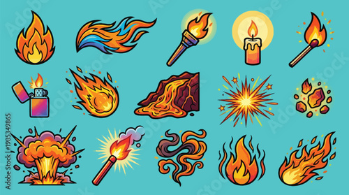 A vibrant collection of cartoon-style illustrations depicting various forms of fire, explosions, and heat-related phenomena.
