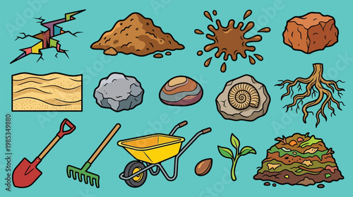 A collection of various soil types, geological elements, gardening tools, and plant-related items, presented against a teal background.