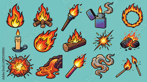 A vibrant collection of cartoon-style illustrations depicting various forms of fire, flames, and related elements on a teal background.