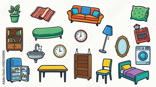 A colorful collection of cartoon-style illustrations depicting various household furniture and appliances, including a sofa, bed, refrigerator, and stove.