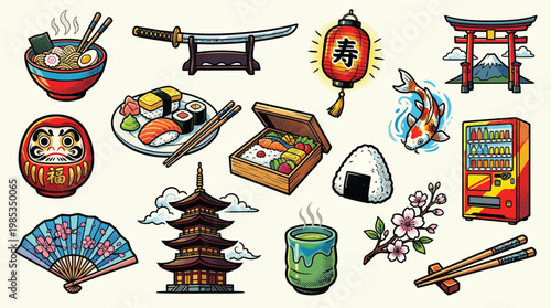 A vibrant collection of iconic Japanese cultural symbols, including food, architecture, and traditional items, presented in a colorful illustration.