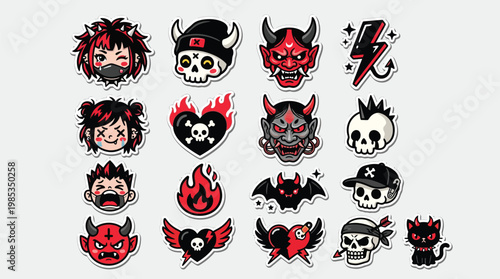 A collection of 18 unique gothic and punk-inspired cartoon illustrations featuring skulls, demons, bats, hearts, and lightning bolts, presented as stickers.