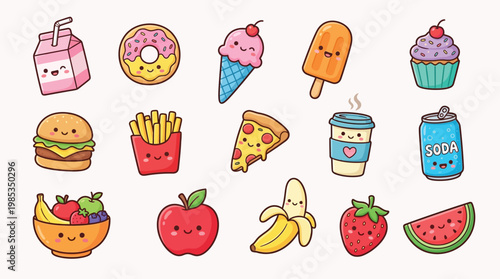 A delightful collection of kawaii-style cartoon food and drink illustrations, featuring a variety of sweet and savory treats with adorable faces.