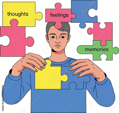 Mental Health Concept Illustration of Man Assembling Puzzle of Thoughts Feelings and Memories