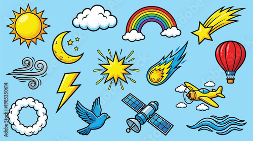 A vibrant collection of celestial and atmospheric phenomena illustrations, including sun, moon, clouds, rainbow, shooting stars, lightning, and a hot air balloon.