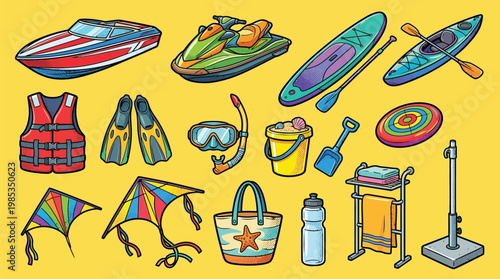 A vibrant collection of water sports and beach activity equipment displayed on a bright yellow background.