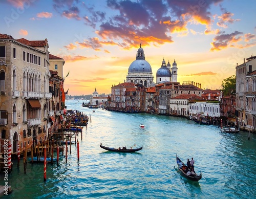 A scenic waterway with classic architecture and gondolas, reflecting the sunset's warm hues across the water. A grand church looms