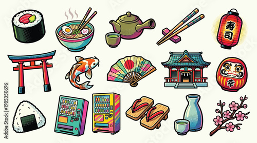 A vibrant collection of Japanese cultural icons, including food, traditional items, and symbols, presented in a colorful illustration style.