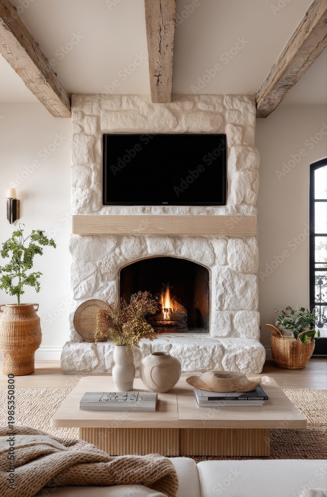 Naklejka premium Cozy Living Room with Stone Fireplace, Mounted TV, and Modern Farmhouse Decor Accents