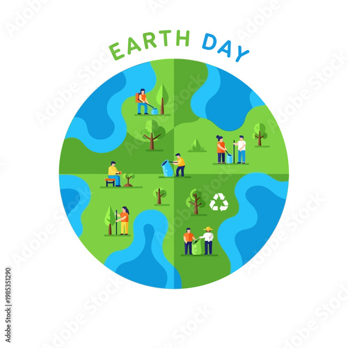 Earth Day Celebration: People Planting Trees and Cleaning Up Planet