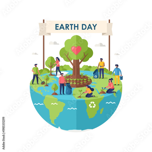 Earth Day Celebration: People Planting Trees and Cleaning Planet Globe