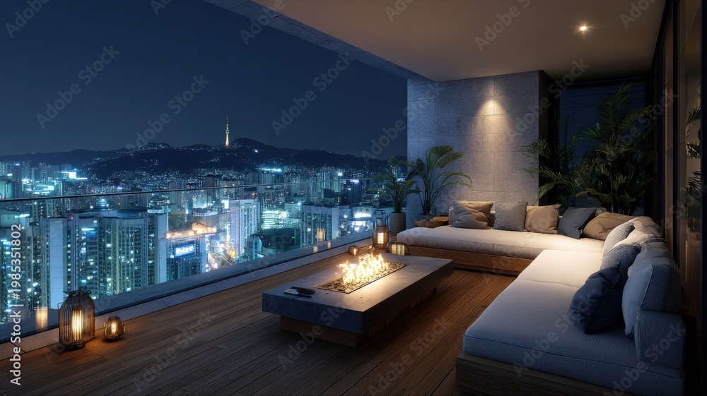 Naklejka premium Modern Luxury Apartment Balcony with Cityscape Night View and Fire Pit Seating Area