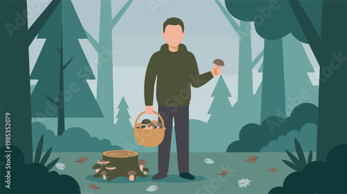 Man mushroom hunting in autumn forest, holding basket of edible fungi