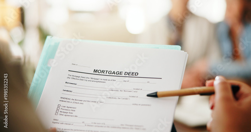 Slika na platnu Person, hands and lawyer with document for mortgage deed, home loan or financial advice in house