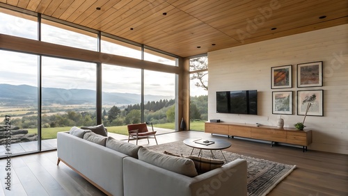 Modern living room with large windows overlooking a natural landscape interior contemporary