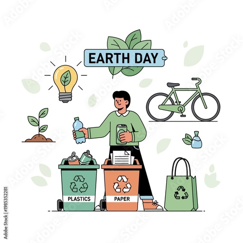 Earth Day: Person recycling plastic and paper, green bicycle, lightbulb, plant, reusable bag