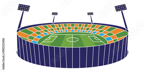 Modern Football Stadium Vector Illustration with Colorful Seating and Floodlights on a transparent background