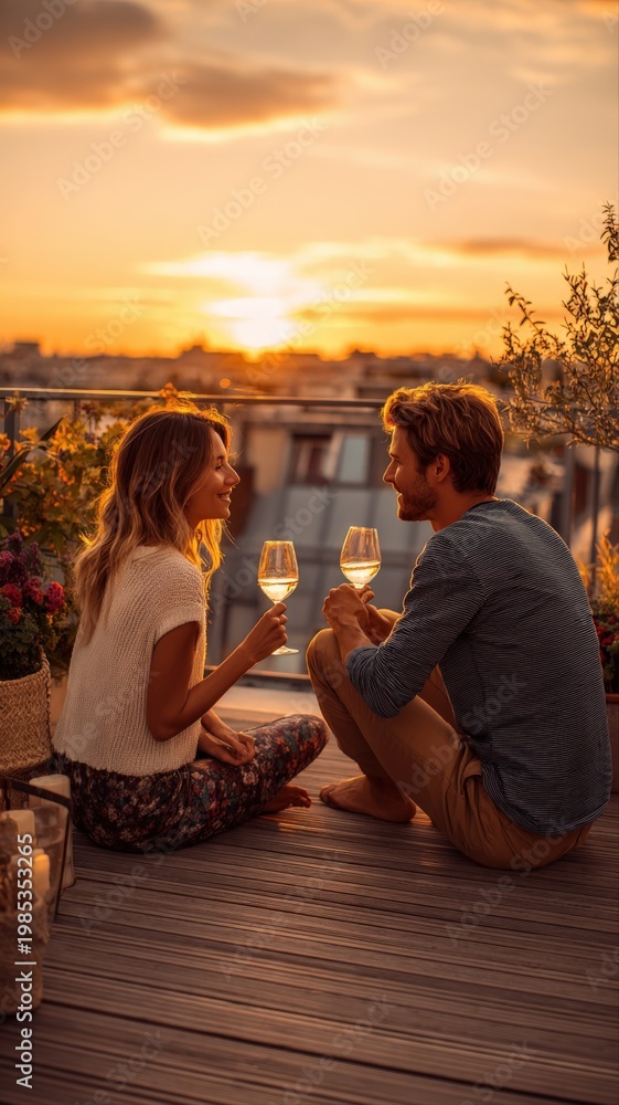 Fototapeta premium Romantic Couple Enjoying Sunset Drinks on Rooftop Terrace with Cityscape View