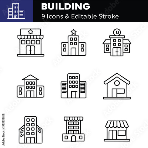 Building web icons in line style. Hotel, hospital, apartament, city, town house, mall, coffee shop, collection. Editable stroke. Vector illustration.