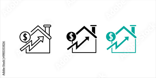 Outline icon set. illustration of house with upward arrow and dollar symbol representing real estate investment, property growth, and financial success.