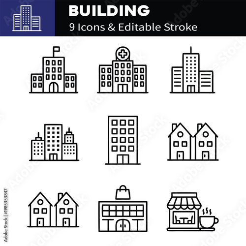 Building web icons in line style. Hotel, hospital, apartament, city, town house, mall, coffee shop, collection. Editable stroke. Vector illustration.